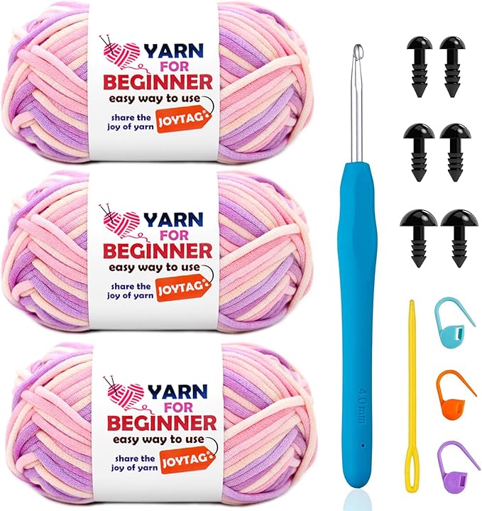 3 Pack Rainbow Beginners Crochet Yarn Pink Purple Cotton Crochet Yarn for Crocheting Knitting Beginners with Easy-to-See Stitches Cotton-Nylon Blend Crochet Yarn for Beginners Crochet Kit(3x50g)
