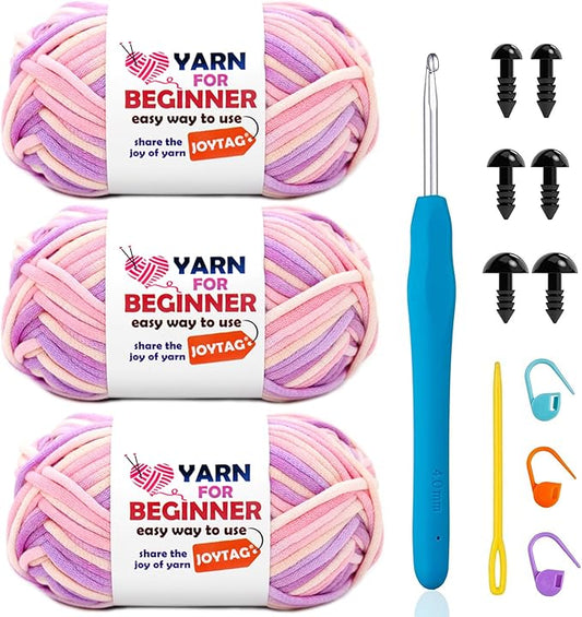 3 Pack Rainbow Beginners Crochet Yarn Pink Purple Cotton Crochet Yarn for Crocheting Knitting Beginners with Easy-to-See Stitches Cotton-Nylon Blend Crochet Yarn for Beginners Crochet Kit(3x50g)