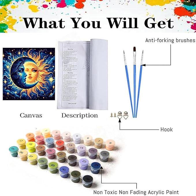 Axquilon Paint by Numbers Kit for Adults Beginner-Sun and Moon Adult Paint by Number Kits on Canvas, Easy Adults' Paint-by-Number Kits Oil Painting Craft Supplies for Gift Home Wall Decor 16x16in