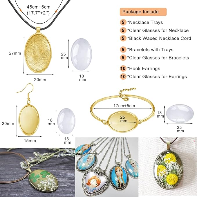 Pendant Trays Set for DIY Jewelry Making Supplies, Oval Glass Cabochon Pendant Bezel Trays, Bracelet Blank Trays Earrings Blanks Charms Crafts for Gift