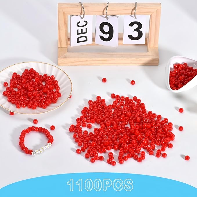 sunrica 1100pcs red pony beads 6x9mm large hole plastic hair beads for braids, kandi bracelets, keychains, jewelry making