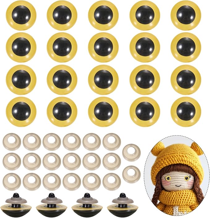 PATIKIL 26mm Safety Eyes, 20Pcs Realistic Doll Crocheting Safety Eyes with Washers for Decor Crochet Accessories Dolls Craft Halloween, Yellow