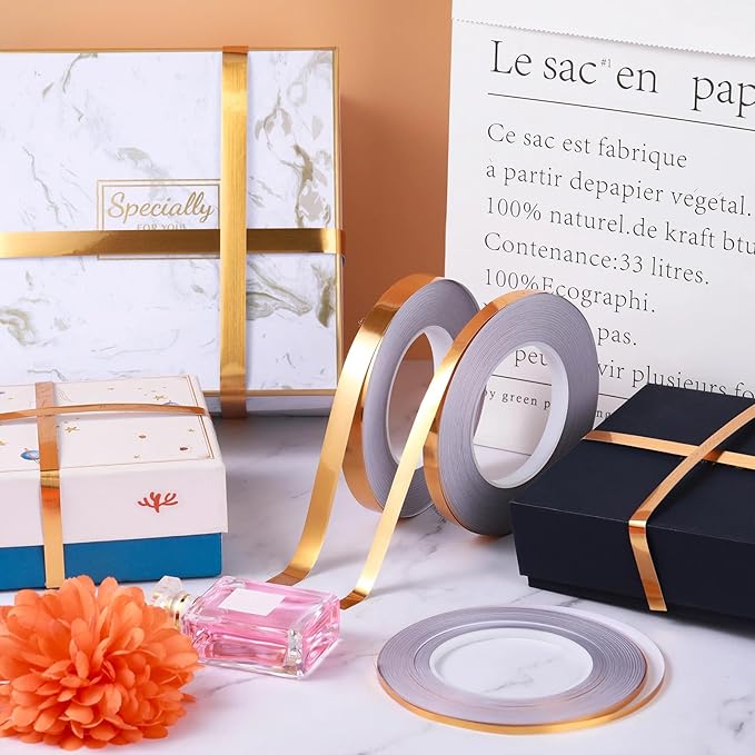 Zonon 3 Sizes Gold Self Adhesive Polyester Film Tape Washi Tape for Car Furniture Graphic Arts Walls Decor, 55 yds(5/15/25mm)