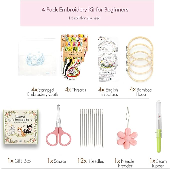 Peonfly Cat Embroidery Kit for Beginners, 4 Pack Stamped Embroidery Starter Kit with 4 Hoops, 9 Stitch Types Practice Sampler, Animal Floral Wall Hanging Decor, (Box 4pcs)
