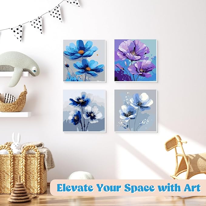 Lxmsja 4 Pack Floral Symphony Paint by Numbers Kit for Adults, Easy Framed Paint by Numbers for Adults Beginner, DIY Acrylic Oil Painting Craft Kits for Home Wall Decor 8x8 inch