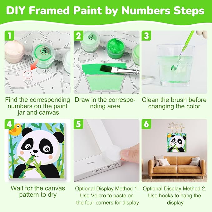 KEYIFA 4 Pack Framed Paint by Numbers Kit for Kids Age 6-12, Easy Animal Paintings for Adult Beginner, Framed Acrylic Canvas Painting for Home Decor Children Gift, 8x8 in (Sloth+Panda+Hedgehog+Frog)