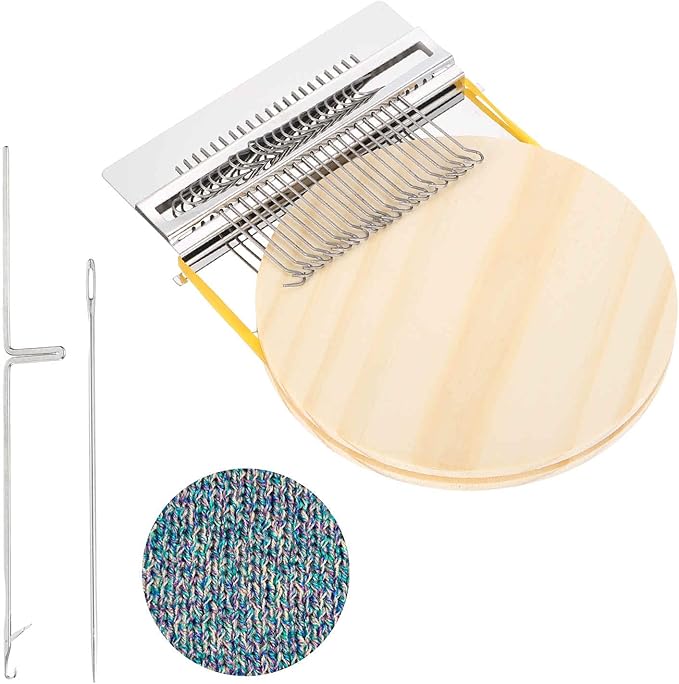 MECCANIXITY Mini Darning Loom, 21 Hooks Wood Weaving Knitting Machine with Knitting Needles for Repair Jeans Socks DIY Craft, Knit Patch Loom Weave Tool, Silver