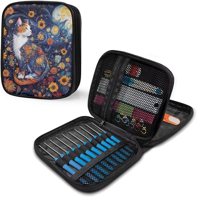 Hechitok Cat Flower Crochet Hook Case with Zipper and Web Pockets for Crochet Needles/Knitting Accessories Lightweight Organizer Bag for Crochet Hook Kit Tools