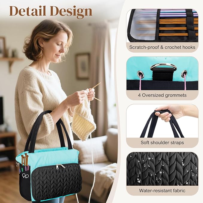 DALINDA Yarn Storage Bag Organizer,Crochet Bag - Portable Yarn Bag & Knitting Craft Tote,Multi-Pocket Design for Crochet Lovers,Ideal Gift for Knitters (Black Blue)