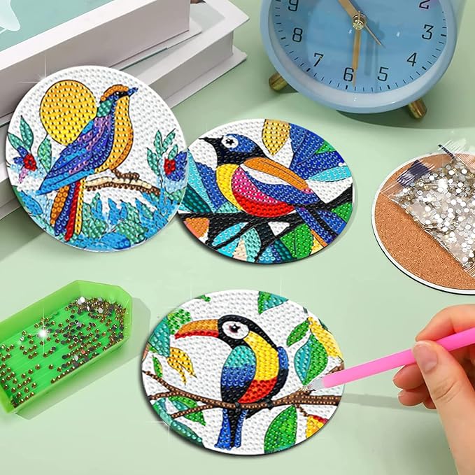 EWJRNSF 8 PCS Small Diamond Art Coasters Kits, Diamond Painting Coasters, Fall Diamond Art Kits for Adults Beginners, Arts and Crafts Item Sets with Holder for Drinks Bird Style