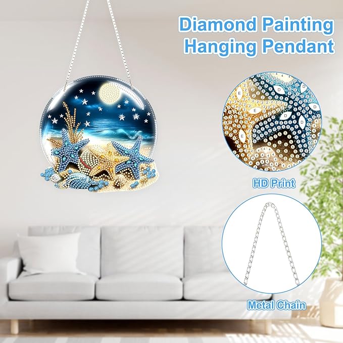 TOSTOG Diamond Art Hanging Kits for Adults, Starfish Diamond Paintings for Adults Window Pendant, Seaside Scenery Diamond Paintings Hanging Pendant Kit for Wall Decor Gift
