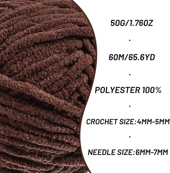 Fluffy Velvet Yarn for Crocheting，Baby Blanket Yarn for Crocheting Soft，50g(65.6yds) Amigurumi Yarns，Plush Chenille Crochet Yarns，Puzzle Yarn for Crochet Weaving Craft(Dark Coffee)