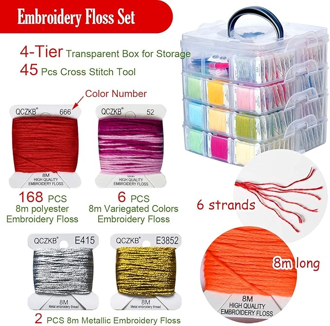 176 PCS Embroidery Floss Set, Complete Set of Tools kit, 4-Tier Organizer Storage Box