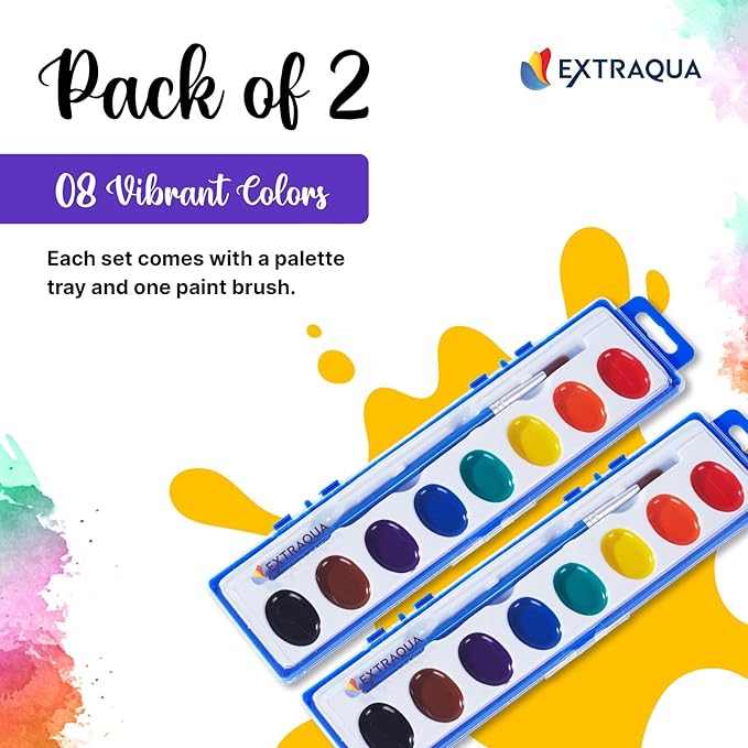 Watercolor Paint Set - 8 Classic Washable Paint Colors with Paint Brush - Non-Toxic Water Color Paint Sets For Kids & Adults - Ideal for Art, Crafts & School Supplies (Pack of 2)