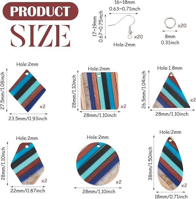 Beadthoven 52pcs Boho Wood Women Earring Making Kit, Striped Resin Wood Earrings Charms Pendants Natural Wood Cutouts Pieces Wooden Earring Blanks with Earring Hooks for DIY Jewelry Making Crafts