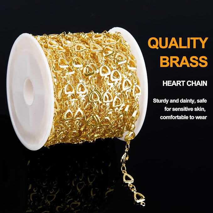 KYUNHOO 13 Feet Hollow Heart Chain for Jewelry Making 18K Gold Plated Brass Jewelry Chains Bulk with Lobster Clasps Jump Rings for Crafting Supplies