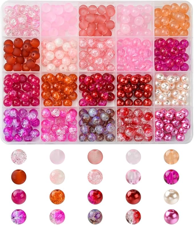 Echoed Elegance 8 Color Gradient Glass Beads Kit - 400pcs 8mm Round Beads for DIY Jewelry Making, Bracelets, Necklaces - Mixed Blending Color Craft Beads with Storage Box (Pink)