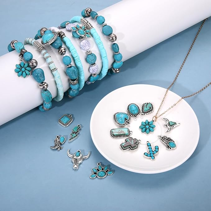NVENF 1800PCS+ Western Beads Charms for Jewelry Making Turquoise Clay Heishi Beads Vintage Cactus Flower Lightning Boot Cow-head Charms for Western Bracelet Making DIY Crafts (Turquoise 1)