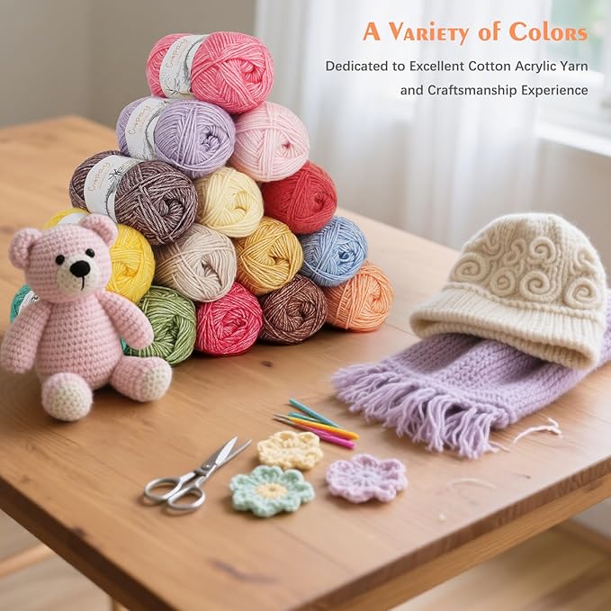 Coopay Yarn for Crocheting and Knitting - 78% Cotton 22% Acrylic - 10 Pack of 50g/1.76oz (CYC #2) - Soft Crochet Yarn Cake, Vibrant Colors for Toys, Sweaters, Scarves, Hats - Beginner Friendly