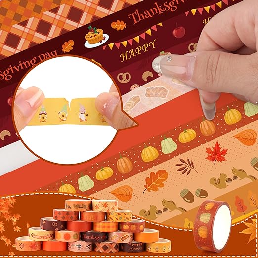 Fall Washi Tape Set 20 Rolls Autumn Washi Tape Autumn Thanksgiving Pumpkin Fall Leaves Decorative Tape for Seasonal Kids DIY Art Crafts Notebook Scrapbooking & Stamping Supplies