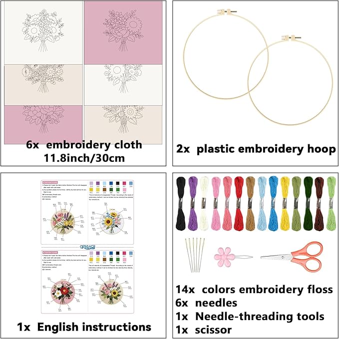 ORIGACH 6 Pack Flower Bouquet Embroidery Kits for Beginners, DIY Starter Hand Embroidery Kit with Sunflower Rose Lavender Patterns and Instructions for Adults Women Crafting
