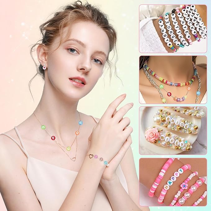 1500 Pieces 6 Colors Letter Alphabet Beads and Number Heart Beads Round Flat and Crystal Line for Jewelry Making
