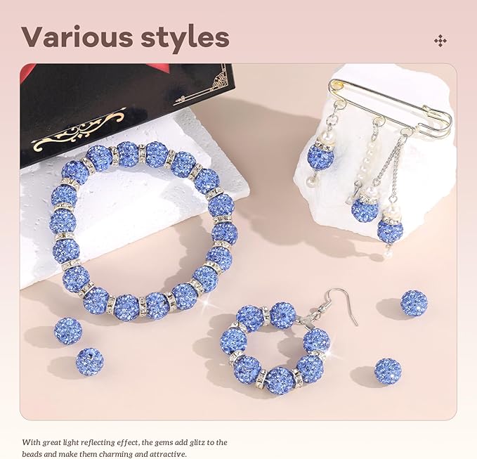200pcs 10mm rhinestone beads for jewelry making, light blue shiny round disco ball beads bulk, sparkle crystal clay christmas for bracelet baseball necklace earring crafting and diy
