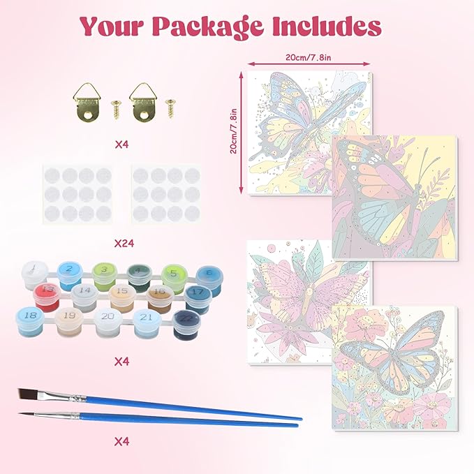 Lxmsja 4 Pack Butterfly Bloom Paint by Numbers Kit for Adults, Easy Framed Paint by Numbers for Adults Beginner, DIY Acrylic Oil Painting Craft Kits for Home Wall Decor 8x8 inch
