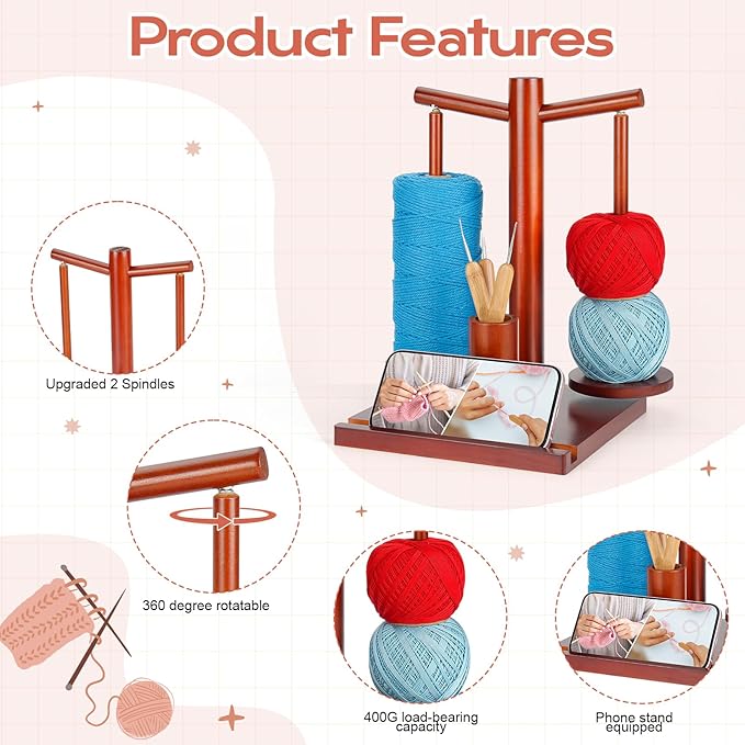 Yarn Holder for Crocheting, Wooden Rotating Yarn Spinner with 2 Spindles and Phone Stand, Magnetic Spinning Yarn Holder for Crochet Knitting Lovers