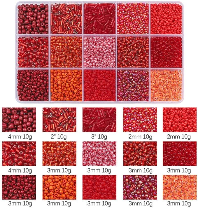 Mix 15 Color Glass Seed Tube Beads Glass Bugle Beads Loose Kit for Jewelry Making DIY Craft Beading (Mix 15 Color, Red)