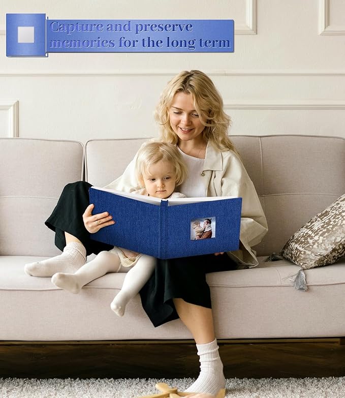 Photo Album Self Adhesive Scrapbook Album for 3x5 4x6 5x7 8x10 Pictures,40 Pages Linen Cover with Display Window DIY Photo Book,Ideal Gifts for Family Travel Wedding Baby