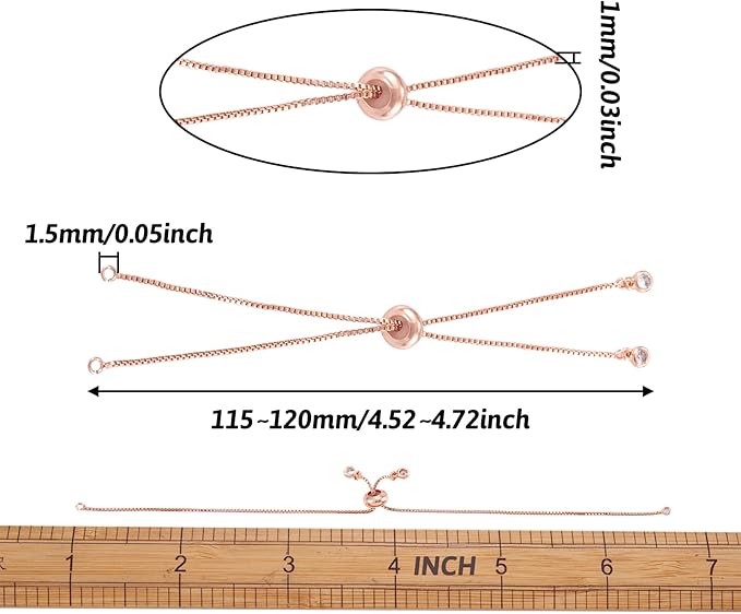 FASHEWELRY 20 Strands Adjustable Brass Bracelet Slider Extender Chains with Rhinestone Ends 4.72-4.96 Inch Real Rose Gold Plated for DIY Jewelry Making