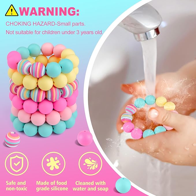 ASTARON 100 Pcs 15mm Silicone Beads for Keychain Making, Rainbow Round Beads Bulk for Bracelets Crafts Beadable Pens Decorations Jewelry Making Supplies