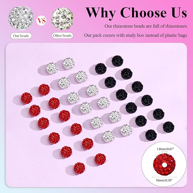 Dowarm 255PCS 10mm Rhinestone Beads for Baseball Rhinestone Necklace Bracelet Jewelry Making, Round Polymer Clay Beads for Crafts Beaded Pen, DIY Shamballa Pave Disco Diamond Bead, Black|Red|White