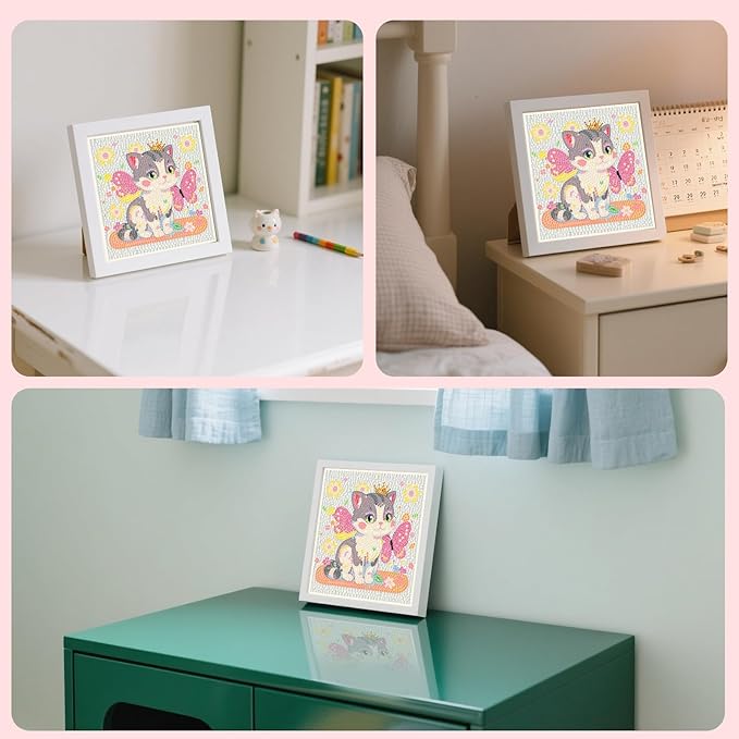 FlyingMage 5D Diamond Art Painting Kits with Wooden Frame, Cute DIY Diamond Art Mosaic Kits for Adults Women Teen, Kawaii Diamond Crafts Arts Full Drill Diamond Dots (Silver Butterfly Cat)