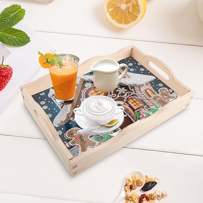 Christmas DIY Diamond Art Tray with Handle Special Shaped Diamond Art Plate Creative Design Handmade Wooden Tray Mosaic Making Kits by Number Kits DIY Crafts Gift for Xmas Organizer (Christmas House)