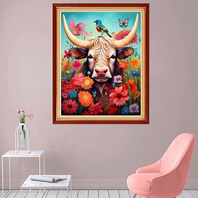 foxhool stamped cross stitch kits,11ct printed cross stitch pattern full embroidery kits for beginner needlepoint kits-flower colored cow 16x20 inch