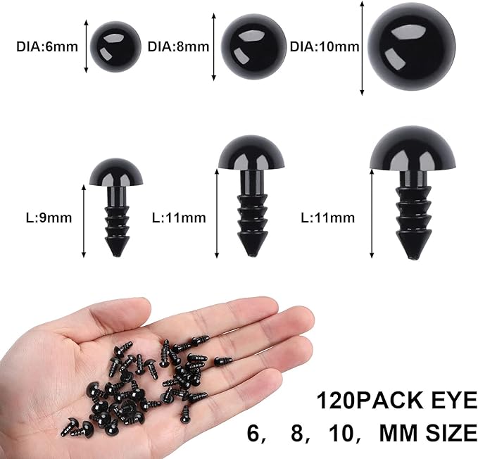 UPINS 120PCS Plastic Safety Crochet Eyes Bulk with 120PCS Washers for Crochet Crafts (6mm,8mm,10mm)