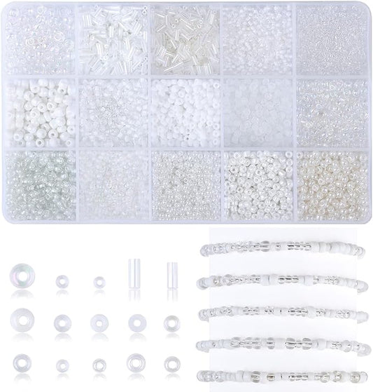 DUQGUHO White Beads for Jewelry Making 4mm White Glass Seed Beads Kit 15 Color 3mm 2mm Small Plastic Tube Bead for Bracelets Craft DIY