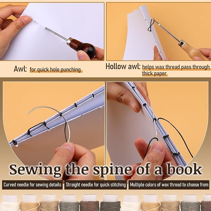 49 Pcs Book Binding Kits for Beginners Hand Bookbinding Tools Bookbinding Supplies with Paper Awl Binding Ribbon Brush and Steel Ruler for DIY Bookbinding Crafts