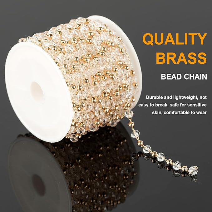 KYUNHOO 16.4 Feet Gold Plated Brass Beaded Jewelry Chain Bulk Clear Glass Crystal Necklace Chain for Women Jewelry Making Supplies Findings