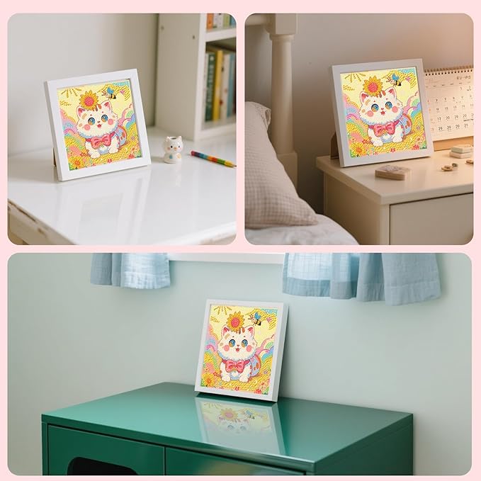 FlyingMage 5D Diamond Art Painting Kits with Wooden Frame, Cute DIY Diamond Art Mosaic Kits for Adults Women Teen, Kawaii Diamond Crafts Arts Full Drill Diamond Dots (Yellow Sunflower Cat)