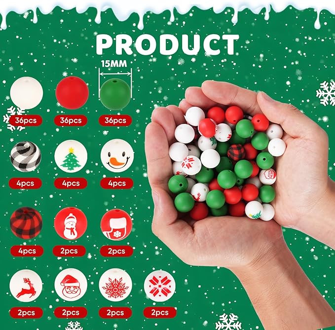 136pcs Christmas Silicone Beads Set,15mm Rubber Focal Beads for Keychain Bracelet Beadable Pen Lanyard Making Kit