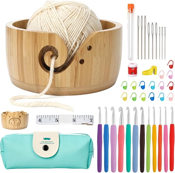 Wooden Yarn Bowl Set, 6.7in x 4.1in Large Yarn Bowl for Crocheting, Complete Crochet Accessories Kit with 12 Size Crochet Hooks, Tape Measure, Counter, Scissors & Storage Bag