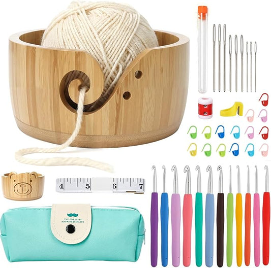 Wooden Yarn Bowl Set, 6.7in x 4.1in Large Yarn Bowl for Crocheting, Complete Crochet Accessories Kit with 12 Size Crochet Hooks, Tape Measure, Counter, Scissors & Storage Bag