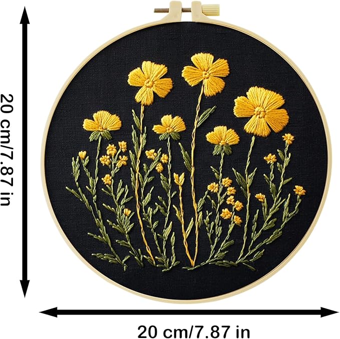 57lilina embroidery kit for beginners, pack of 3 with hoops, threads, needles - starter cross stitch supplies for adults, gift for relaxation craft lovers, flower theme