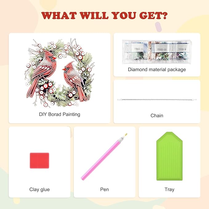 HEIBAGO Cardinal Diamond Art Hanging Kits for Adults Kids, 5D Special Shaped Crystal Diamond Painting Kit Wreath, DIY Pattern Window Pendant Gem Art Kit for Home Wall Decor 8.3 x 8.3 Inch