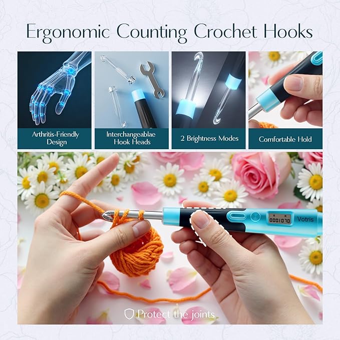Votris 18 in 1 Counting Crochet Hooks, Light up Crochet Hook Set with Digital Stitch Counter 2.0mm-14.0mm, Rechargeable & Interchangeable Heads Lighted Crochet Hook Set, Ergonomic Handles for Beginner