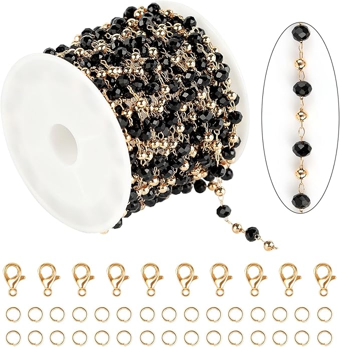KYUNHOO 16.4 Feet Black Beaded Chain for Jewelry Making Gold Plated Brass Rosary Chain on Spool with Lobster Claps and Jump Rings for Women Necklace Bracelet Craft DIY