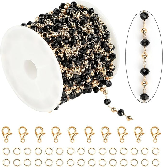 KYUNHOO 16.4 Feet Black Beaded Chain for Jewelry Making Gold Plated Brass Rosary Chain on Spool with Lobster Claps and Jump Rings for Women Necklace Bracelet Craft DIY